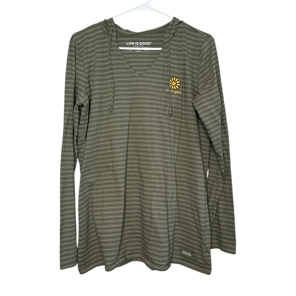 Life Is Good Tops - Life Is Good Women's Green Long Sleeve Hooded Stripe Flower Crusher Tee Large